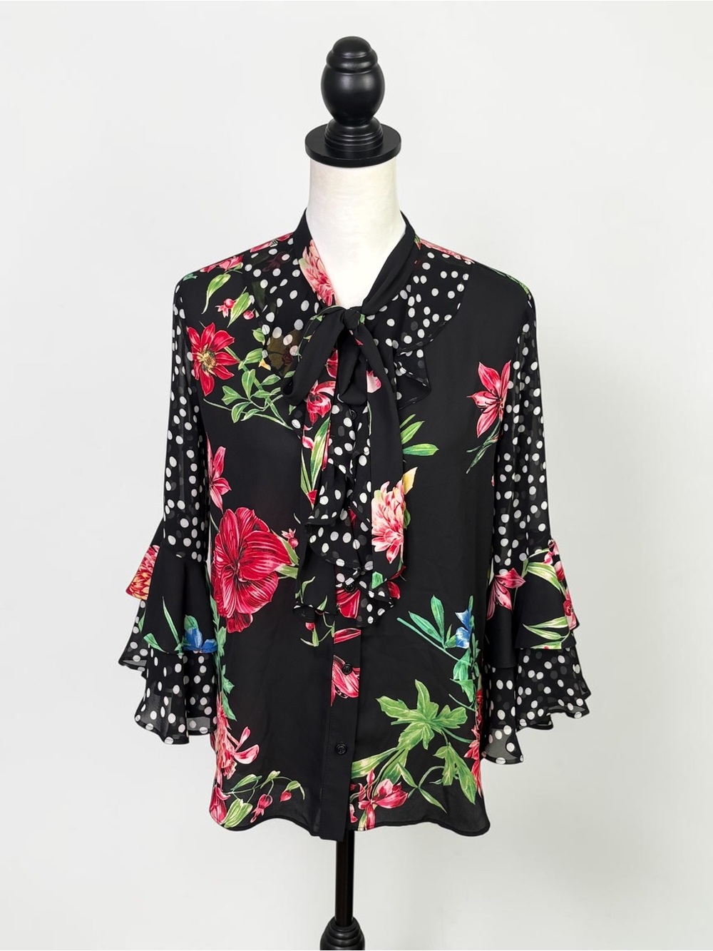 Joseph Ribkoff Mixed Media Floral Polka Dot Ruffle Tie Neck Blouse Size 8 - Picture 5 of 14